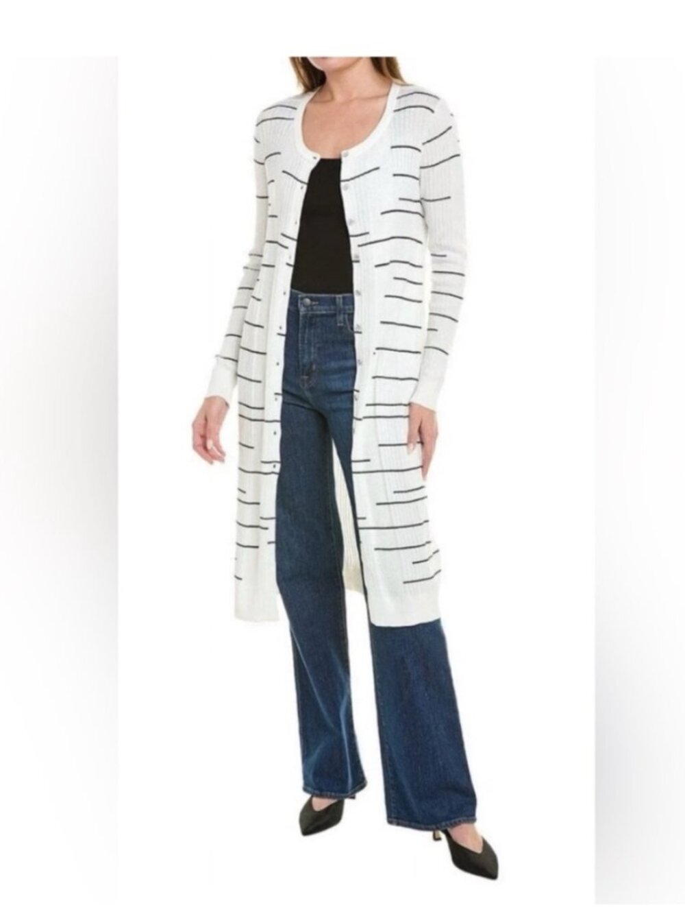 Cabi Longline Cardigan Style #5638 | Black & White Knit Duster Sweater | Medium